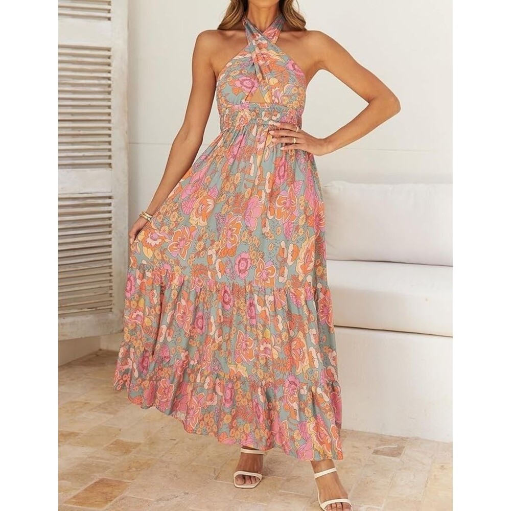 ZESICA Women Summer Halter Tie Neck Sleeveless Retro Floral Maxi Dress XL
